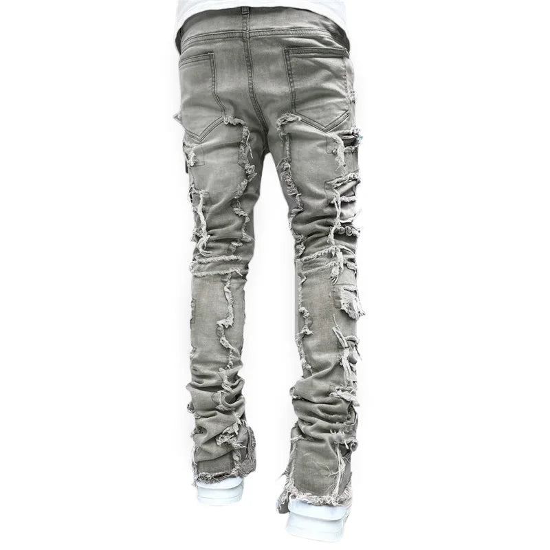 Men Skinny Pants Vintage Patch Frayed Denim Pants Spring Fall Casual Leggings Trousers with Pockets