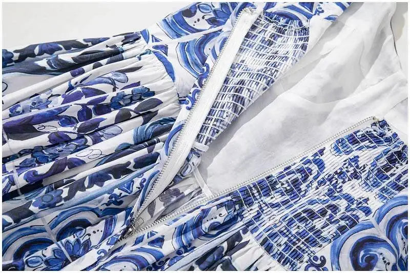 JAMERARY Summer Blue And White Porcelain Flower Printing Floral Long Dress Women Straps Zipper Elastic Backless Midi Vestidos