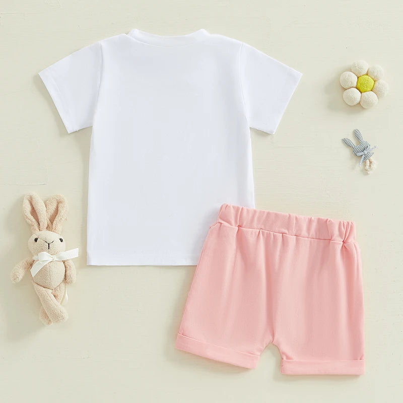 Easter Bunny Romper Set with Rabbit Print Short Sleeve Round Neck Bodysuit and Elastic Waistband Shorts for Infant Boys and