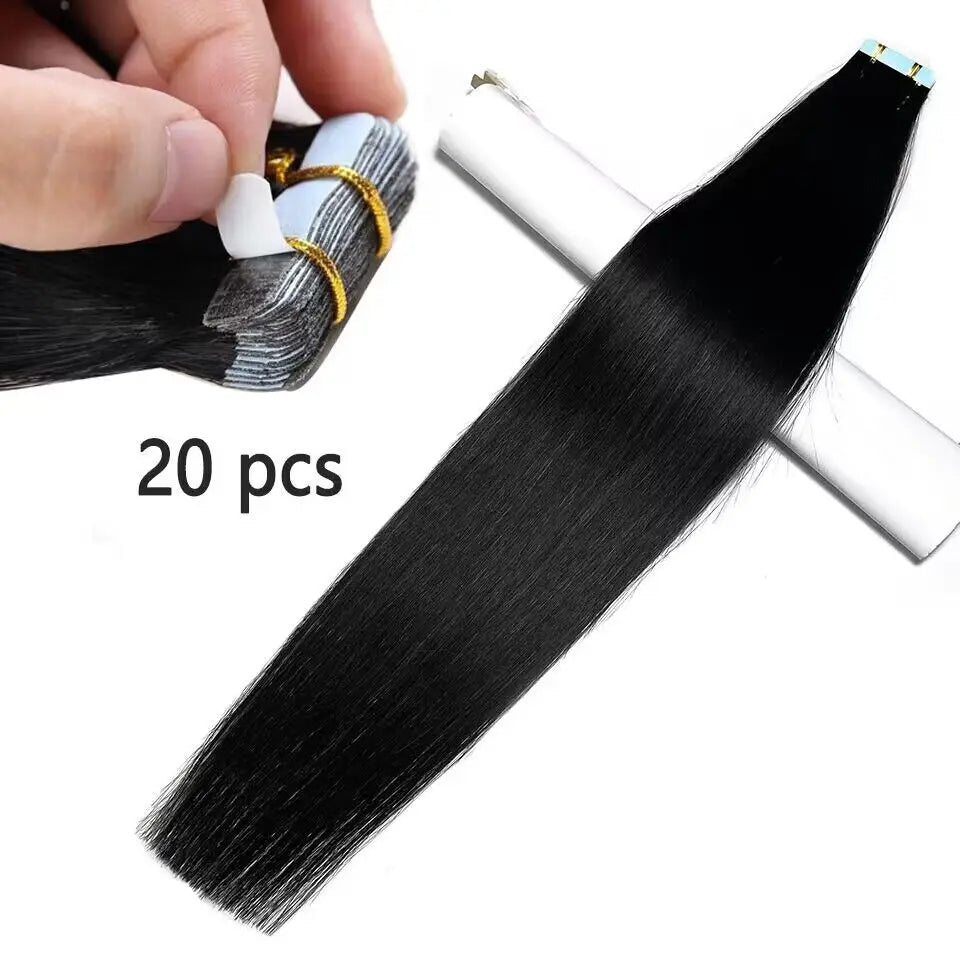 Straight Tape in Human Hair Extensions Natural Hair Extension Color #1B 14-26 Inches Brasil Remy Human Hair For Black Woman