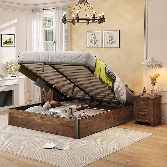 Lift Up Storage Bed, Queen Bed Frame with Storage Underneath, Wooden Platform Bed Frame, Solid Wood Slats Support