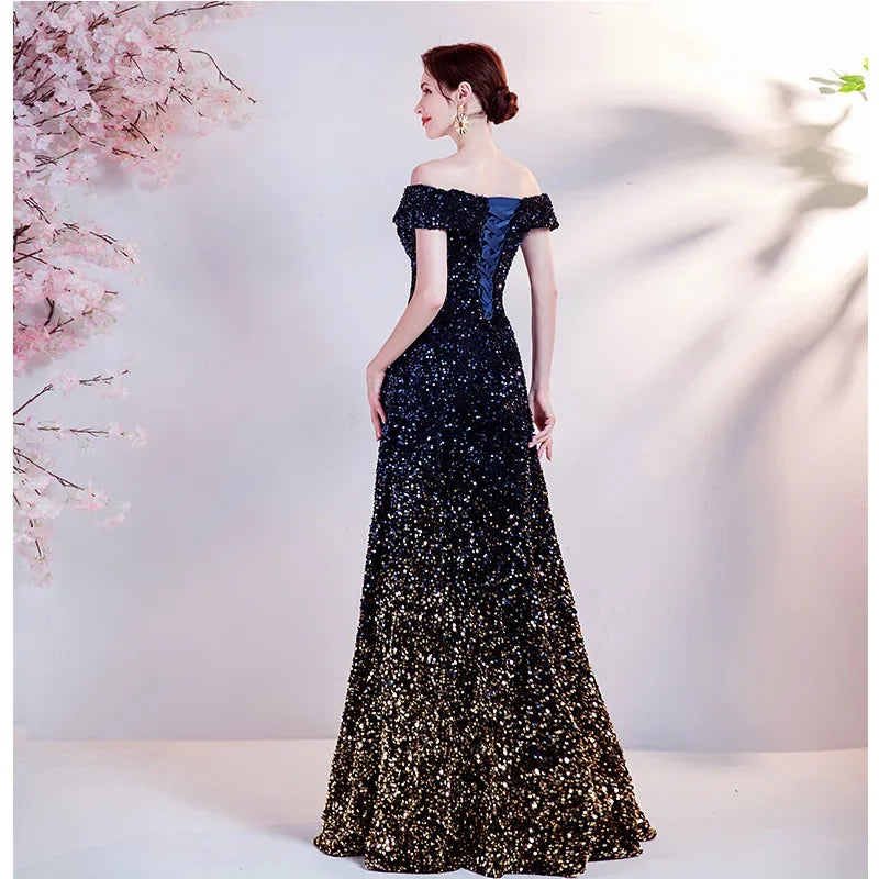 One Shoulder Evening Gown New Gradient Black Annual Party Stage Performance Host Walking Fish Tail Dress for Women 2026