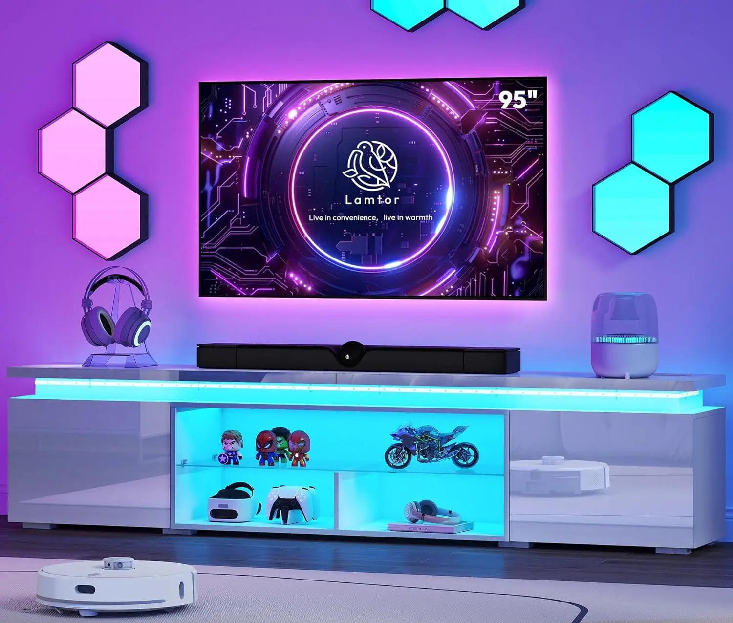 100 Inch TV Stand Entertainment Center Dynamic LED Lights High Gloss Storage Cabinets Living Room, Customized
