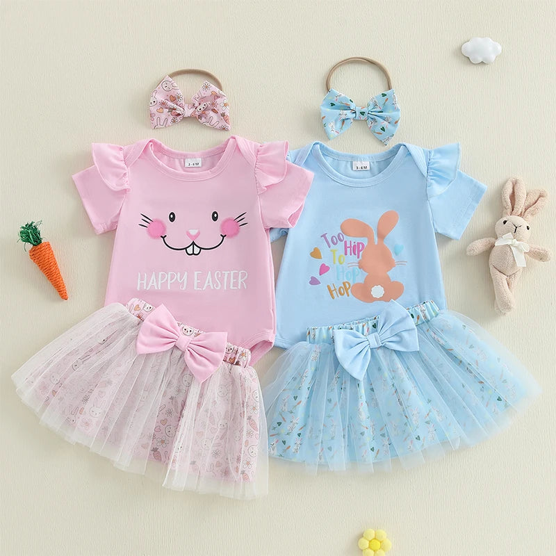 Adorable Baby Girl Easter Outfits with Bunny Print Romper Skirt and Headband - 3 Piece Clothing Set for Spring Celebrations
