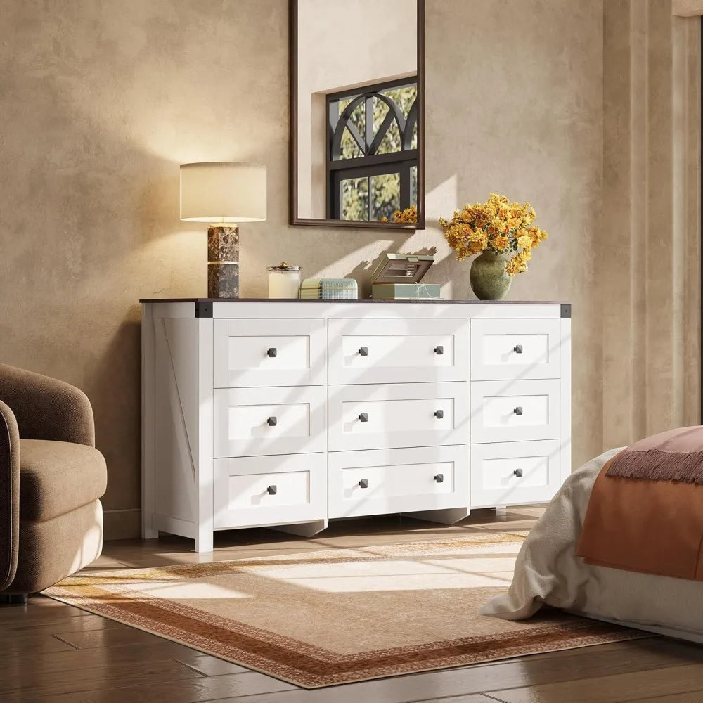 Farmhouse Dresser for Bedroom, 63" Wide 9 Drawer Dresser Storage Organizer, Wood Chest of Drawers for Bedroom, TV Stand