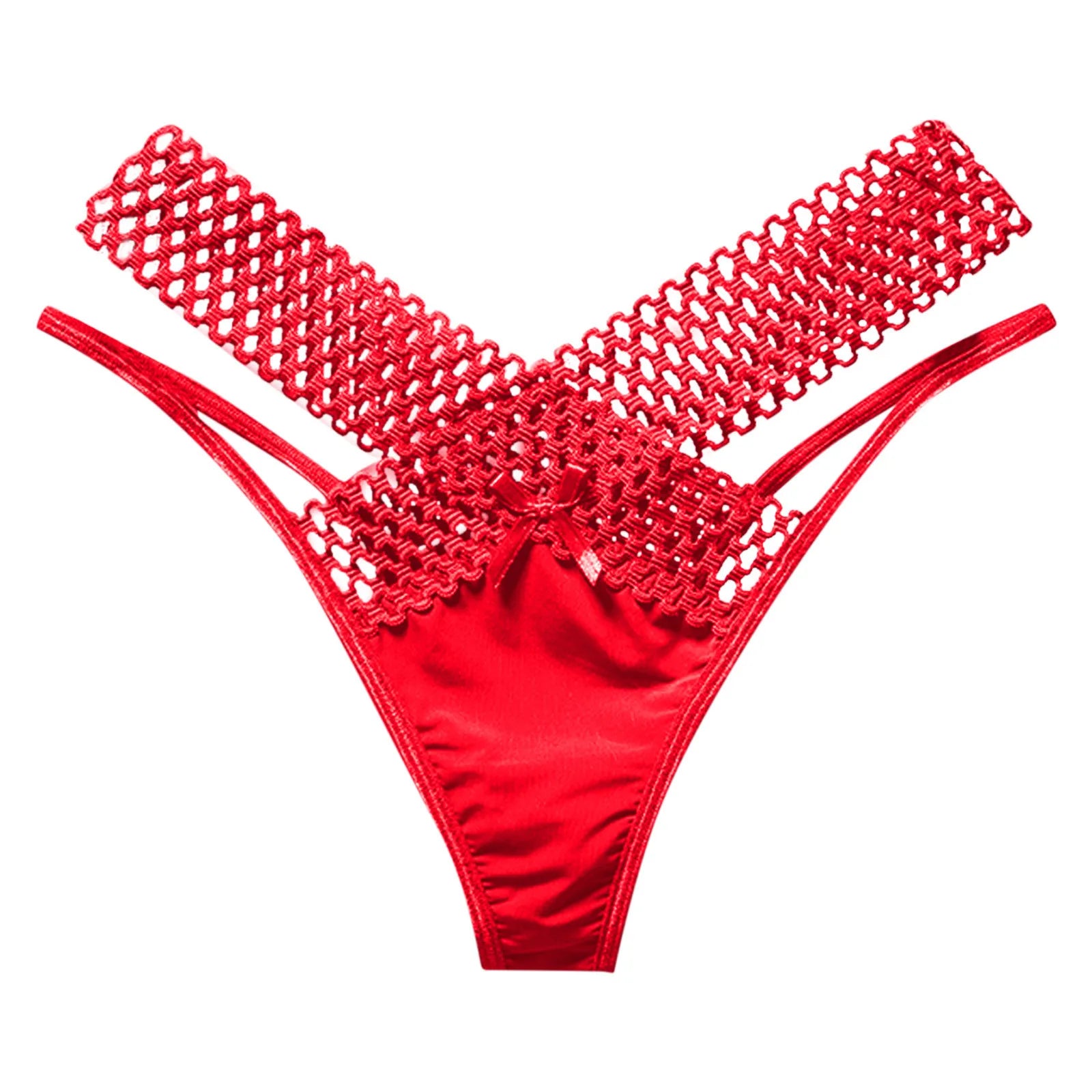 Fashion Low Waist Hollow Out Thongs French Style Bowknot Satin Silk Panties Solid Color Underwear Women Mesh Briefs Daily