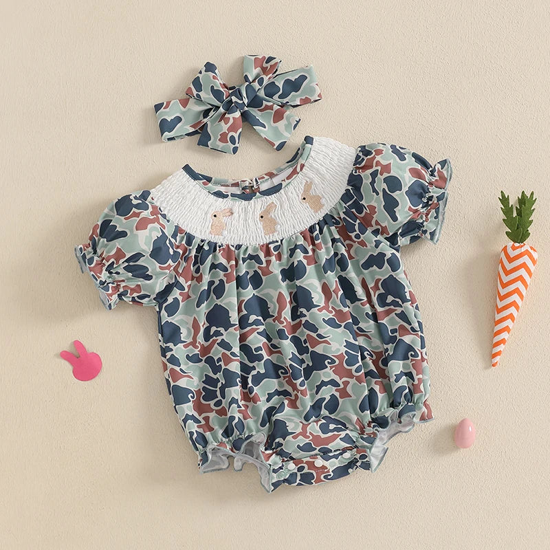 Toddler Girls Easter Outfits Bunny Embroidered Short Sleeve Rompers Round Neck Summer Jumpsuits Bodysuits for Infants