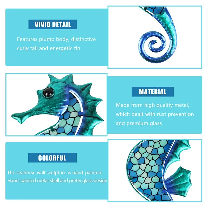Metal Blue Mosaic Seahorse Wall Decor for Garden Decorations Outdoor Sculpture Statue of Patio Yard Living Room