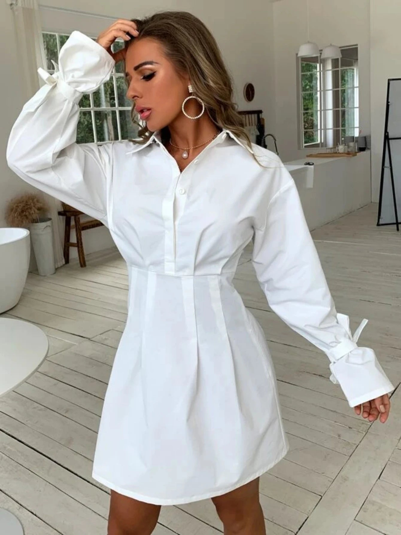 Women's White Button Front Dress Casual Long Sleeve Lapel Shirt Dress Fashion Female Loose Mini Dress