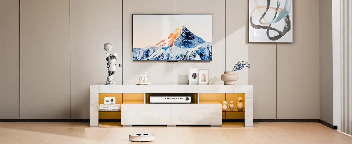 VINGLI LED TV Stand, 63'' High Glossy Modern Entertainment Center with LED Lights and Storage for 55/60/65/70 Inch TV - White