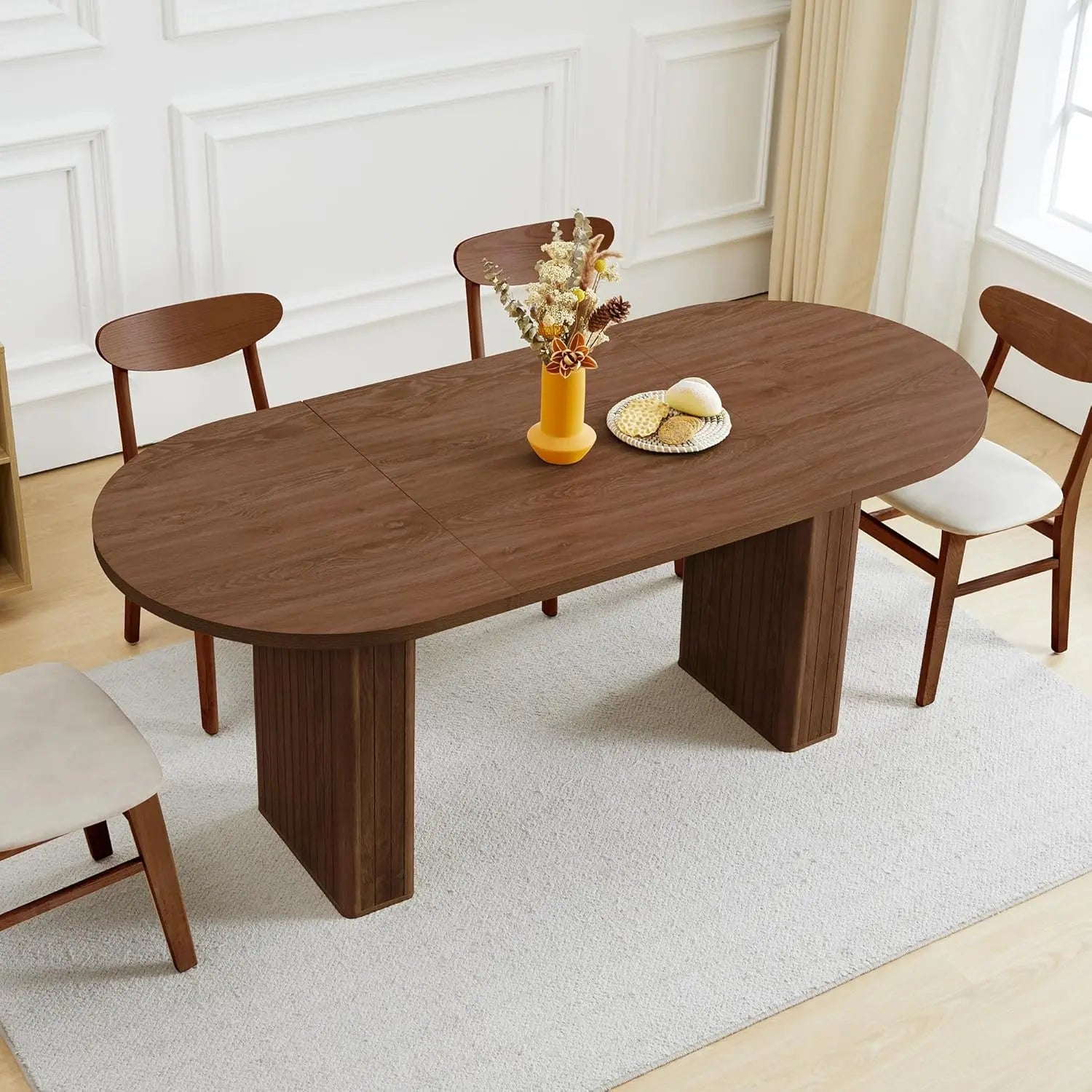 Extendable Dining Table 41-78in Seats 4-8 Round Expandable Kitchen Fluted Base Modern Oval Dining Room Living Room, Customized