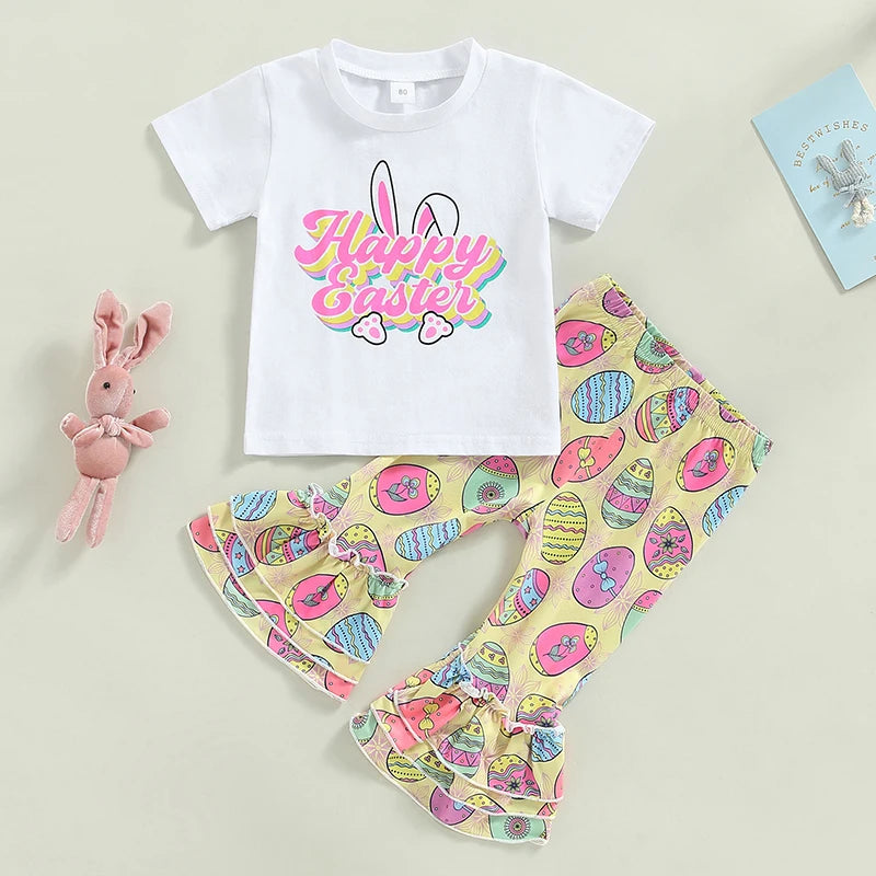 Easter Outfits Set Bunny Print Short Sleeve T-Shirts and Carrot Print Pants 2Pcs Sets for Toddler Kids Easter Party Wear