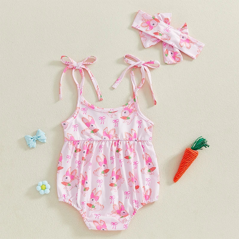 Toddler Girls Spring Floral Print Sleeveless Romper with Matching Headband Set for Easter Celebration and Playdates