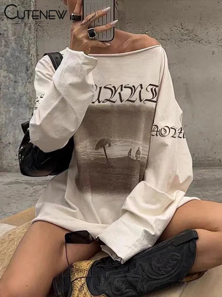 Cutenew Printed Fashion Women T-shirts Autumn New Slash Neck Full Sleeve Oversized Classic Basic Tops Female Street Casual Tees