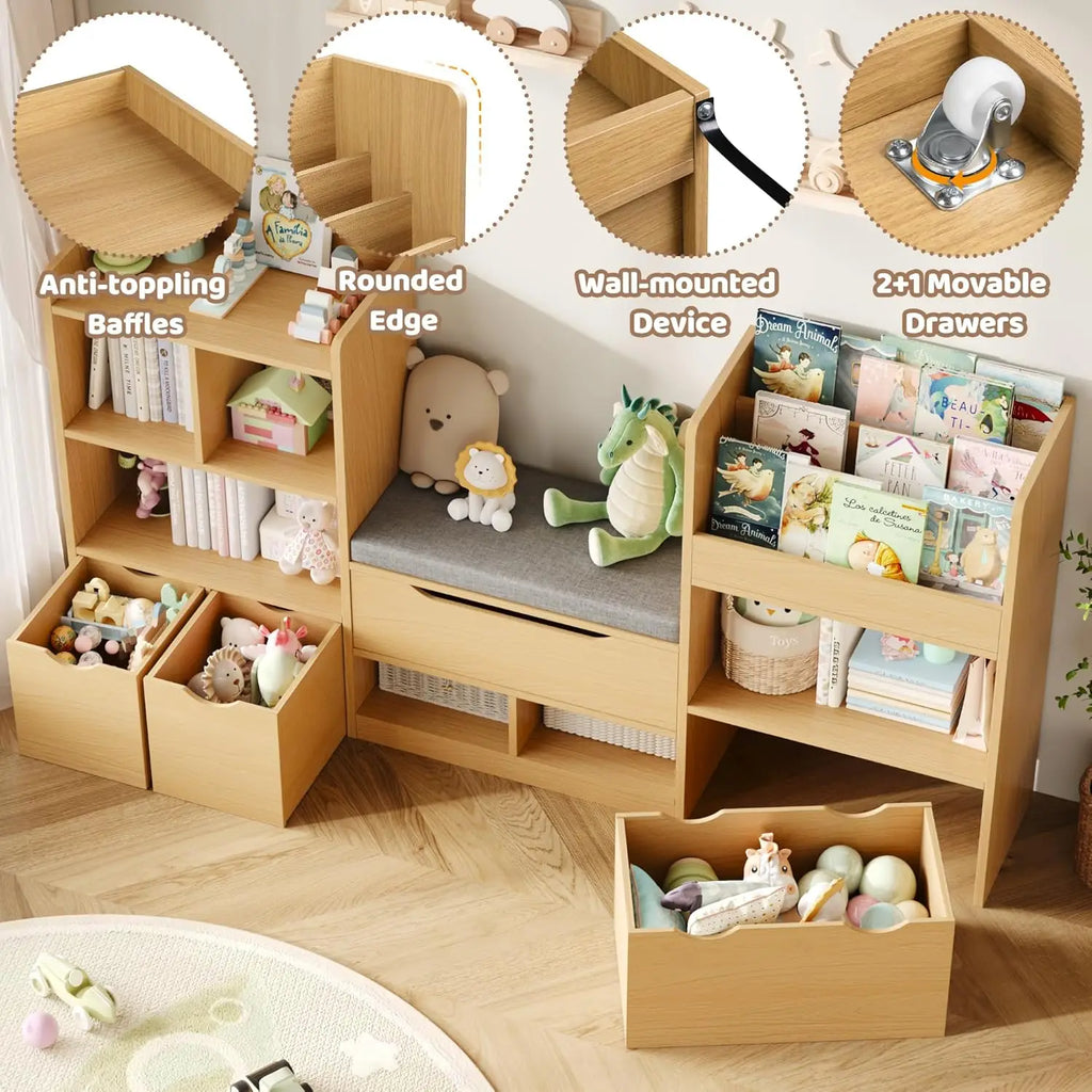 72” Kids Bookshelf with Reading Nook, Large Toy Storage Organizer, Kids Reading Nook Toy Organizers and Storage with Bench