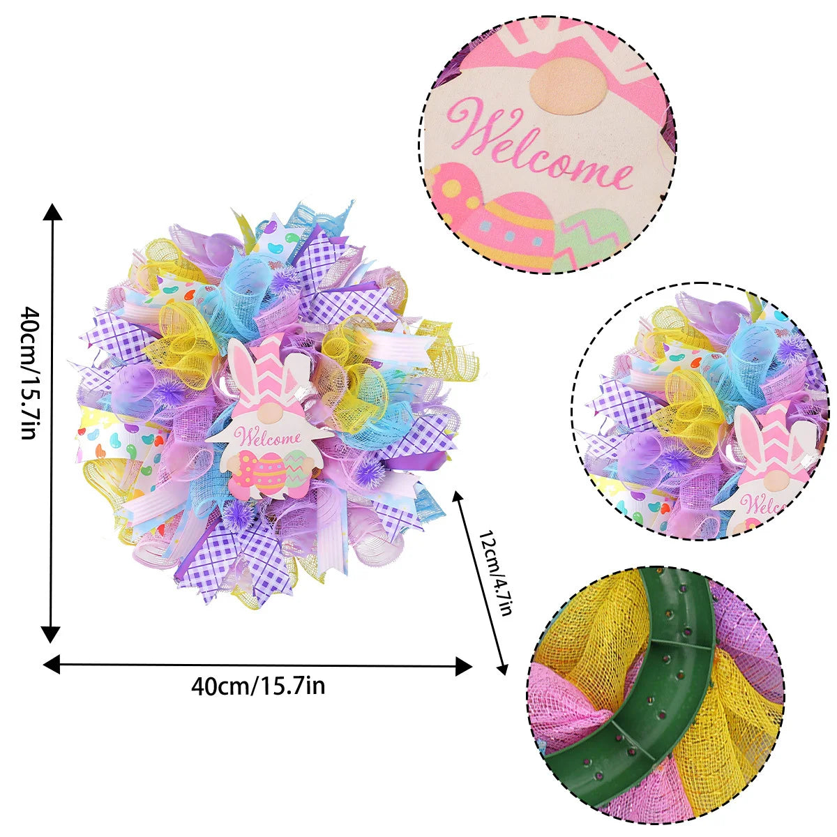 Easter Dwarf Rabbit Mesh Wreath, 15.7in Artificial Easter Gnome Door Hanging Wreath, Colorful Easter Bunny Welcome