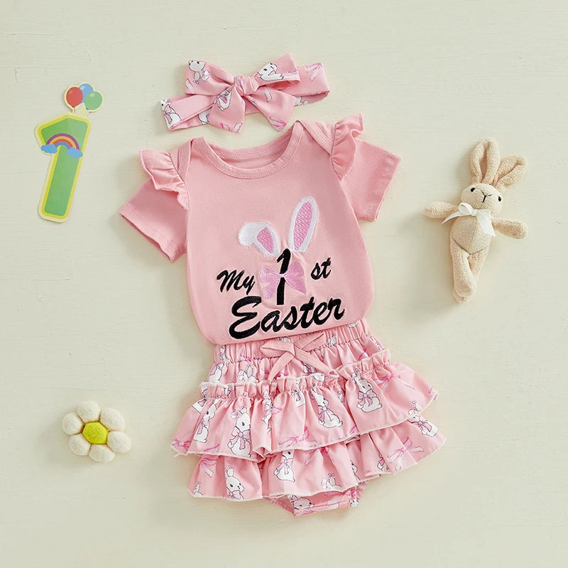 Adorable Toddler Easter Dress Floral Print Sleeveless Romper Ruffle Shorts Headband 3-Piece Outfit Set for Baby Girls