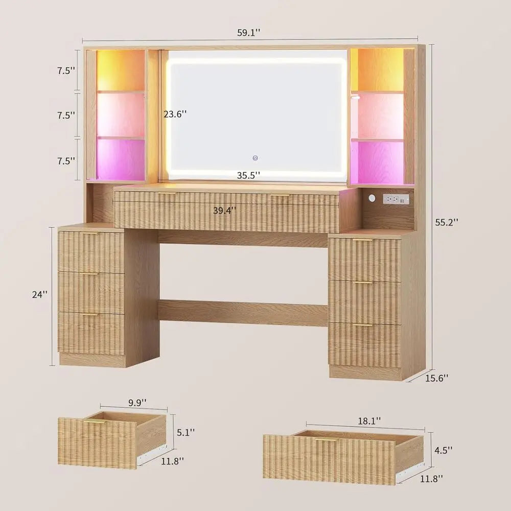 Large 59 Fluted Wood Vanity Desk with LED Mirror & Sound Sync Lights, 8 Drawers, 2 Glass Cabinets, Charging Station, Oak