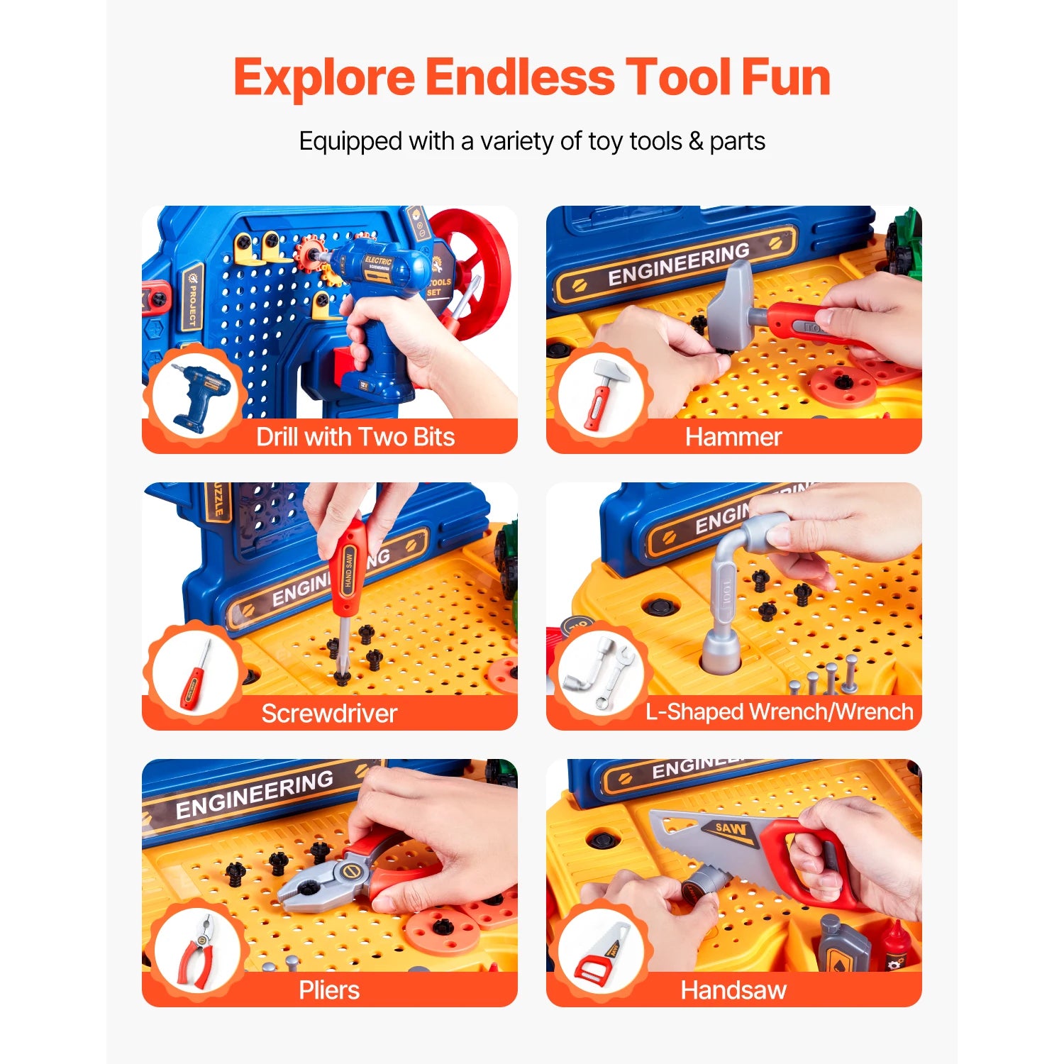 SucceBuy 181pcs Kids Tool Bench Realistic Transformable Tool Set with Toddler Bench Pretend Play Learning Gift for Children Toys