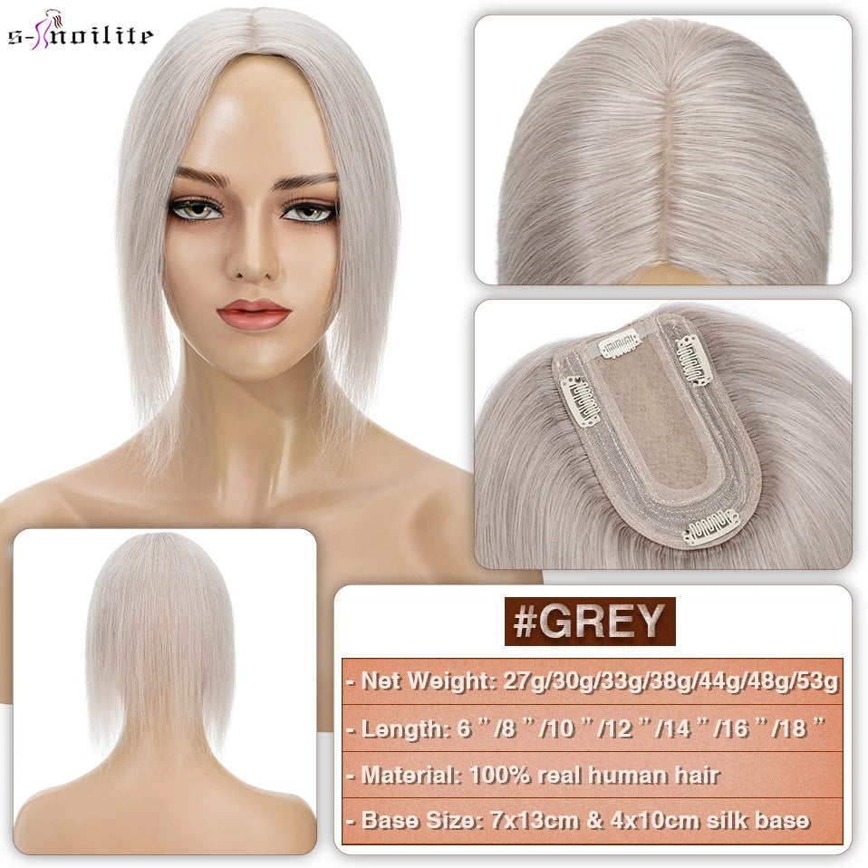 S-noilite 7x13cm Hair Toppers Human Hair For Women Natural Hair Topper Wigs Women Topper Silk Base Hair Clip In Hair Extensions