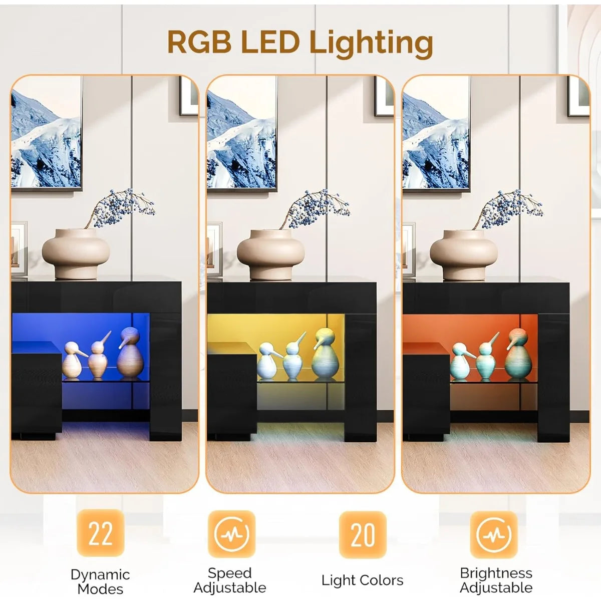 VINGLI LED TV Stand, 63'' High Glossy Modern Entertainment Center with LED Lights and Storage for 55/60/65/70 Inch TV - White