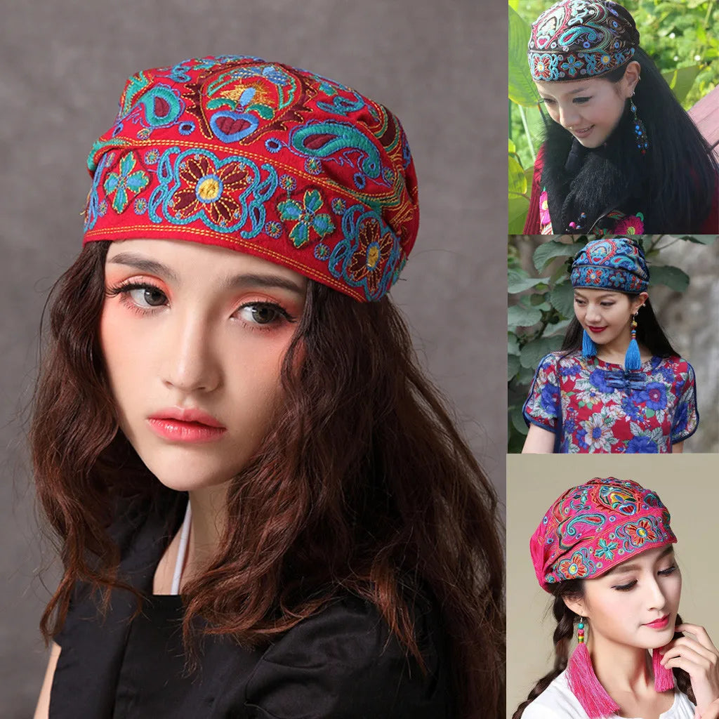 Women Mexican Style Ethnic Vintage Embroidery Flowers Hat Red Print hats for women Beanies Hats