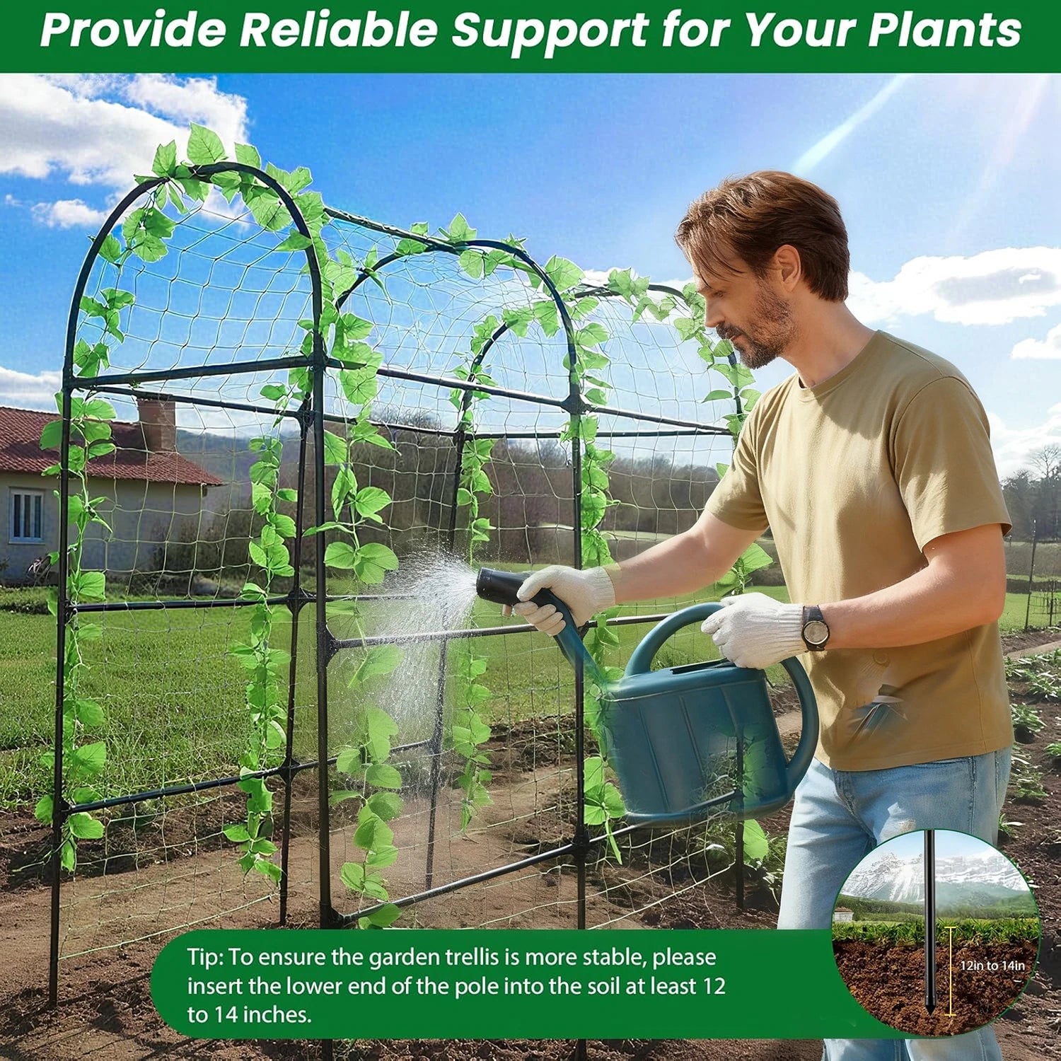 Large Cucumbers Plants Trellis PE Coated Metal Frame Arch Garden Net Climbing Trellis Plant Support for Flowers Plants Vegetable