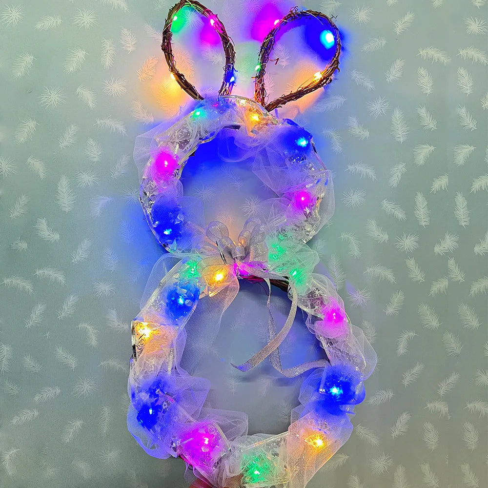23.6in Large Easter Bunny Wreath with Led Lights, Battery-Powered, Foldable, Glowing Rabbit Wreath Pendant for Easter