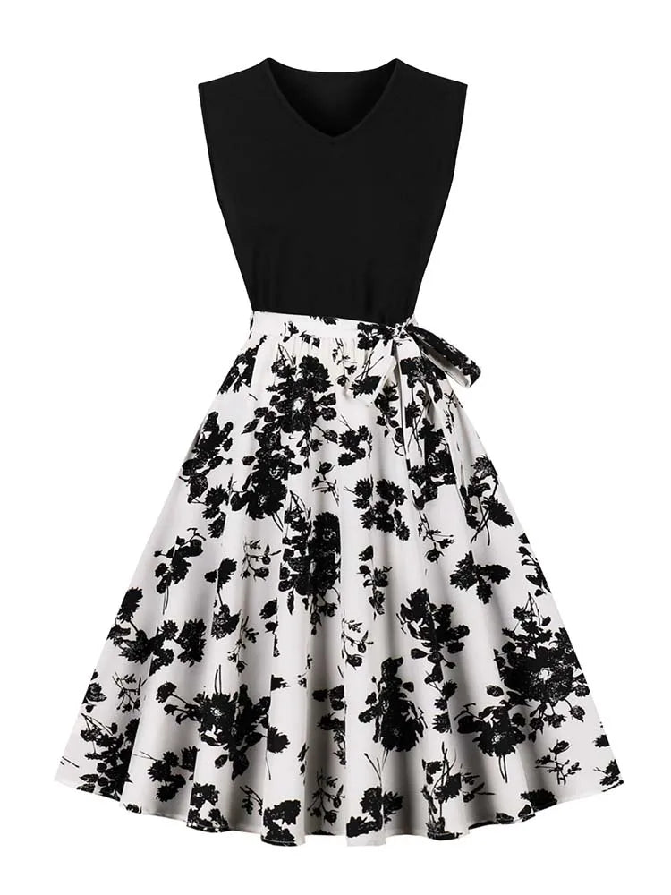 Retro Vintage Women's Summer Dress V-Neck Sleeveless High Waist Chic Floral Print with Belt 50s Style