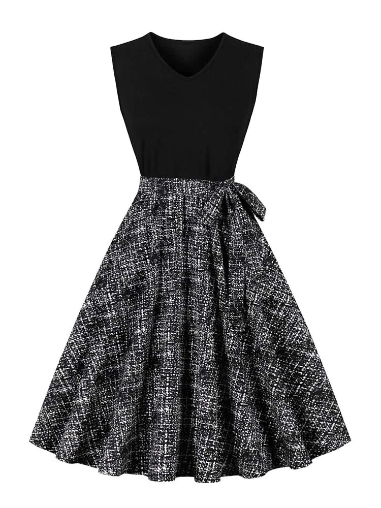 Retro Vintage Women's Summer Dress V-Neck Sleeveless High Waist Chic Floral Print with Belt 50s Style