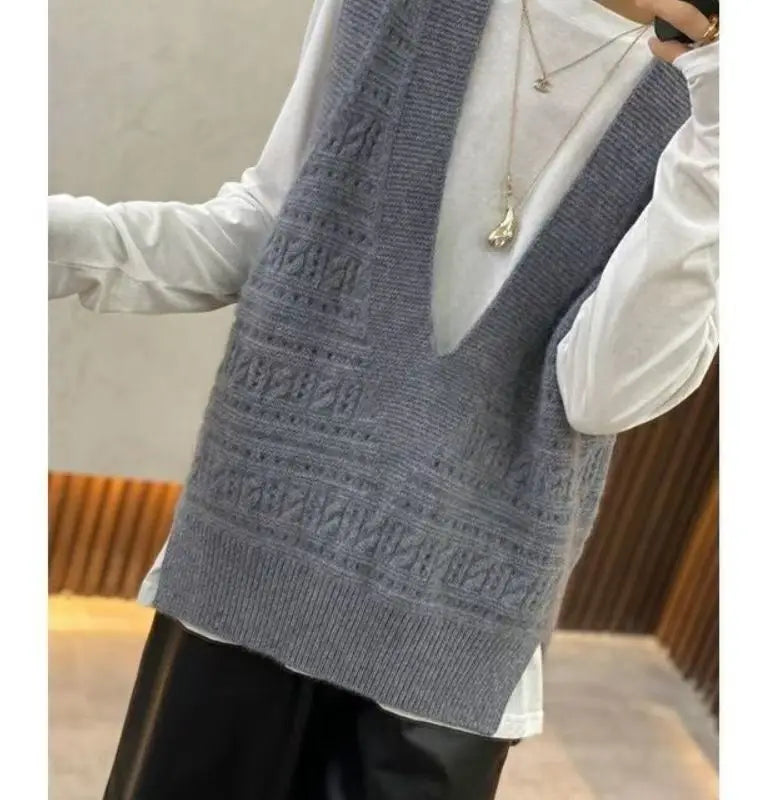 V-Neck Hollowed Out 100% Wool Knitted Vest For Women In AutumnWinter Loose Solid Color Korean Fashion Pullover Sweater Vest Top