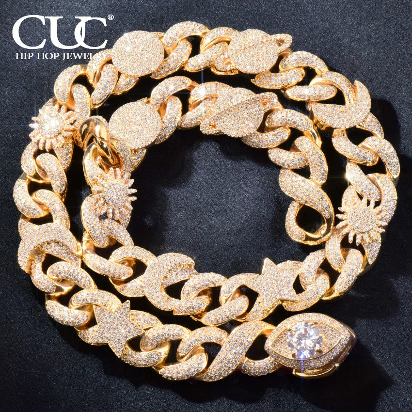 CUC 15mm Star Moon Men's Hip Hop Necklace Bling Cubic Zirconia Miami Cuban Chain Link Fashion Rock Rapper Jewelry Gold Color