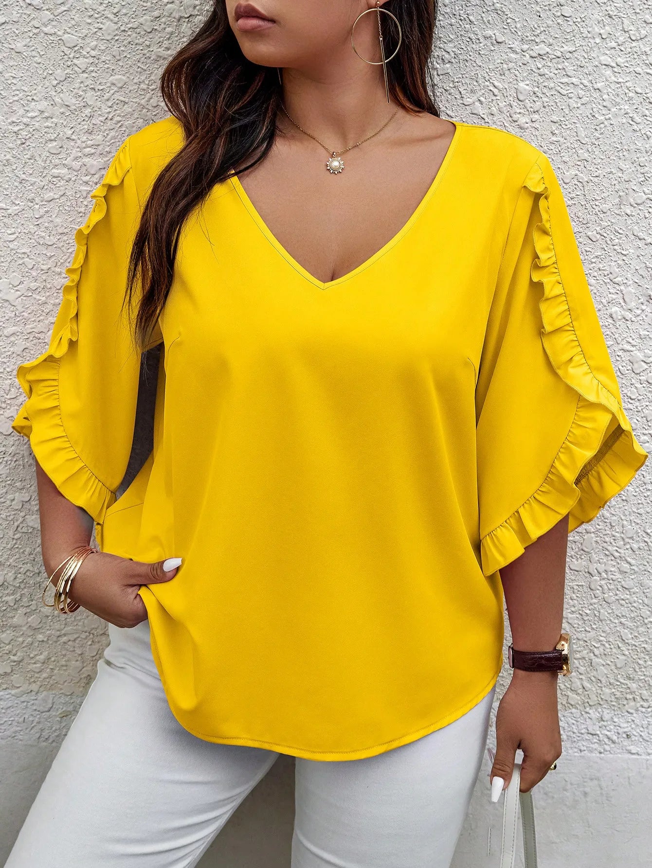 Ladies' Elegant Solid Color V-Neck Ear Cotton Blouse