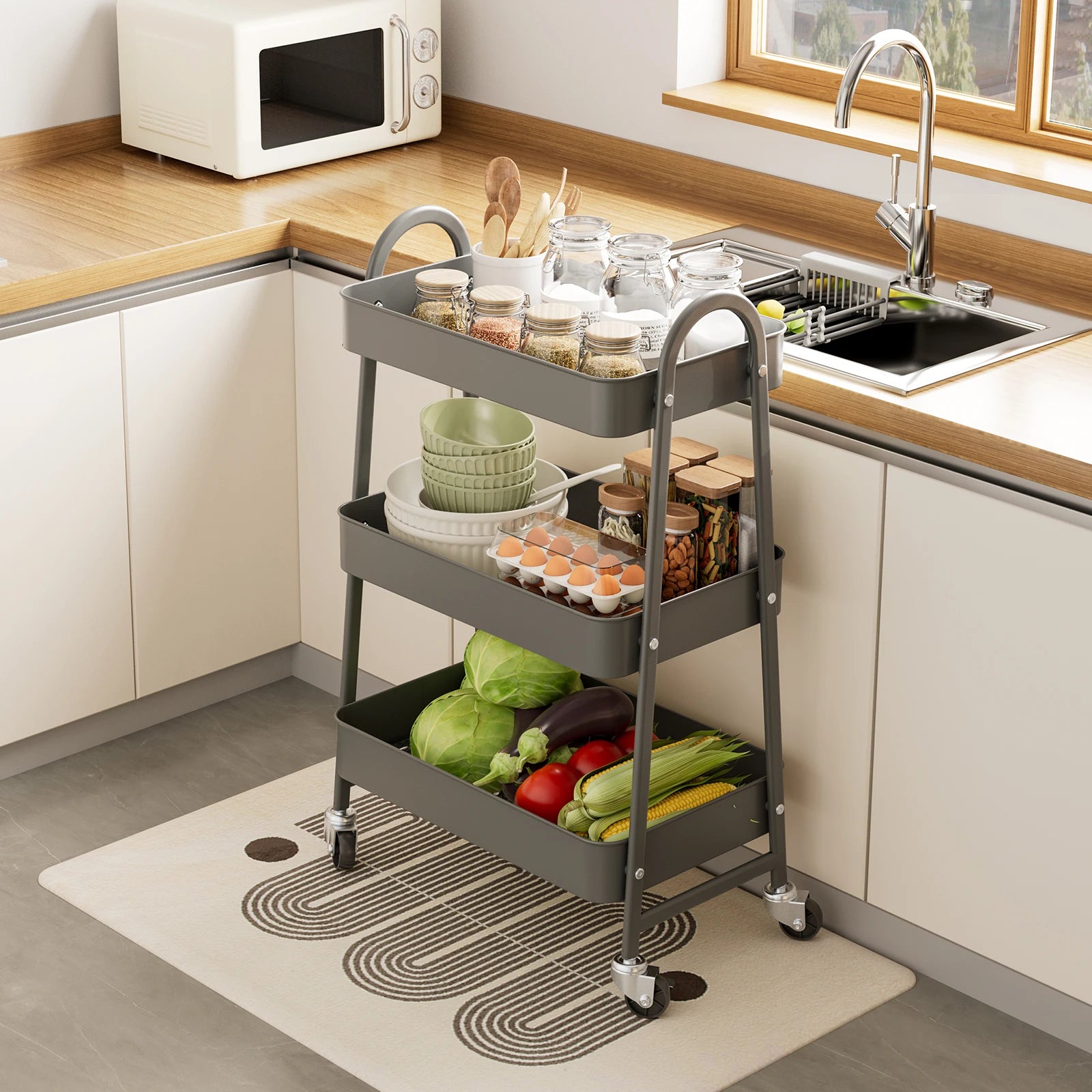 JHK 3 Tier Metal Storage Kitchen Cart with Lockable Wheels Mobile Shelving Unit Utility Rolling Organizer For Home Narrow Places