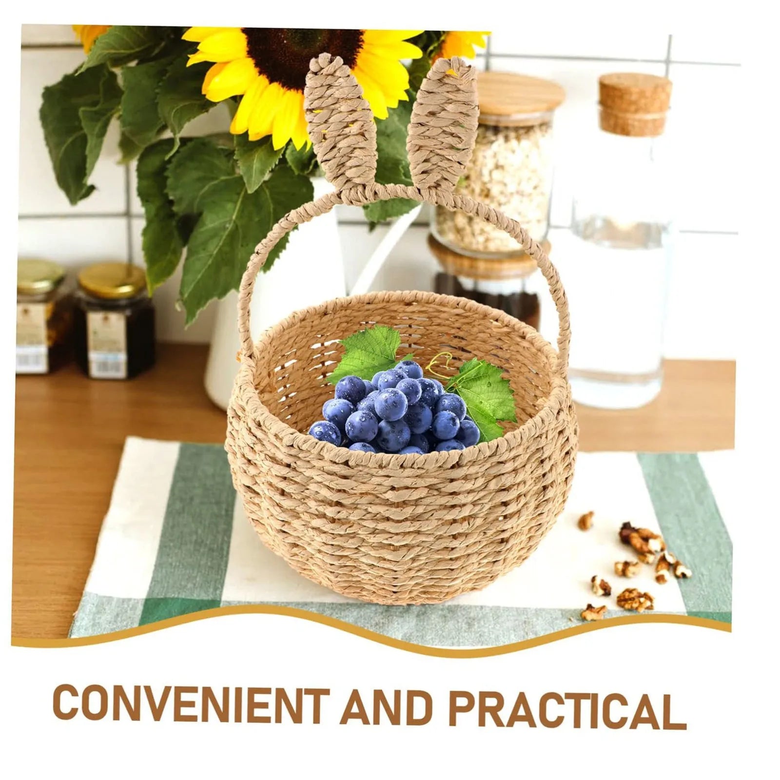 Bunny Rattan Woven Basket Rabbit Ear Storage Box Paper String Handwoven Easter Party Candies Basket Rabbit Picnic Home Room Deco