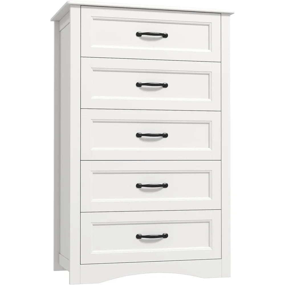 5-drawer dressing table, white wooden bedroom drawer cabinet, 43.3-inch large capacity storage cabinet with anti tipping device