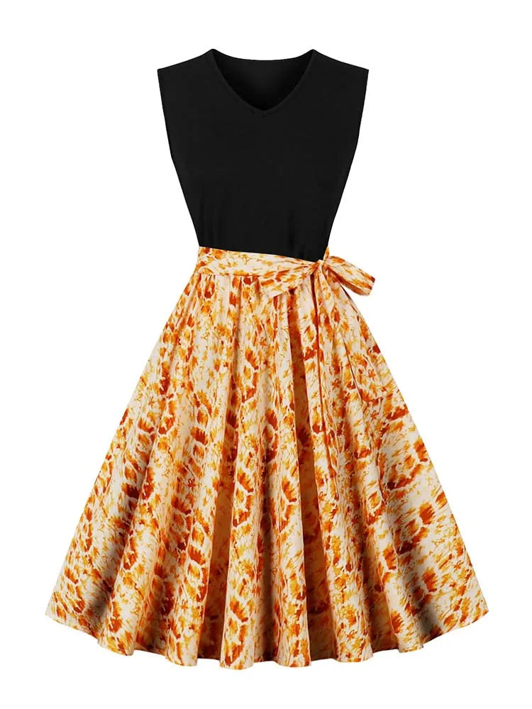 Retro Vintage Women's Summer Dress V-Neck Sleeveless High Waist Chic Floral Print with Belt 50s Style