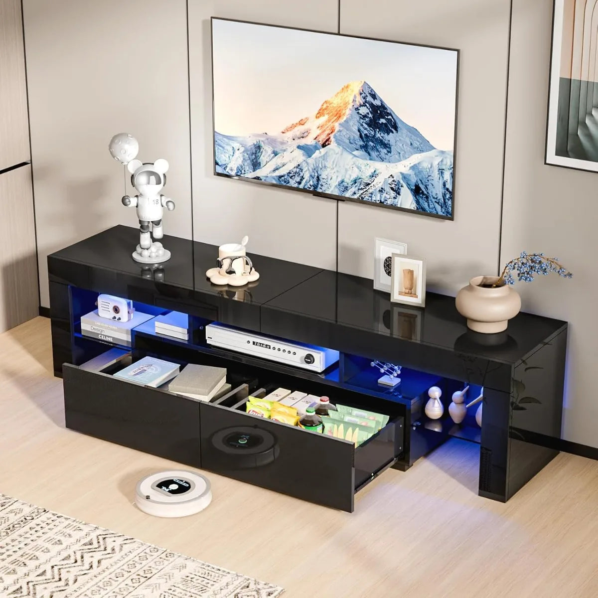 VINGLI LED TV Stand, 63'' High Glossy Modern Entertainment Center with LED Lights and Storage for 55/60/65/70 Inch TV - White