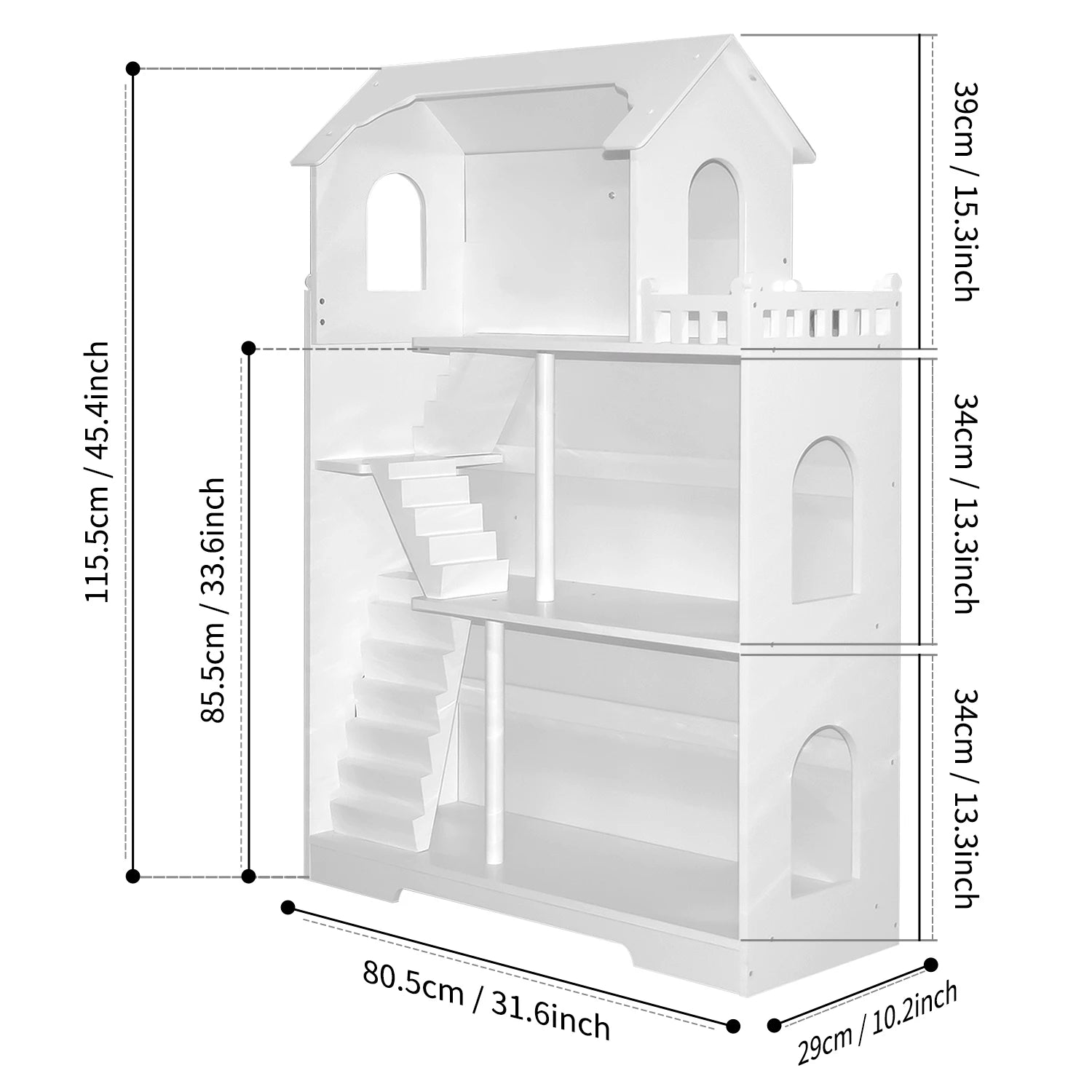 Wooden Dollhouse Bookshelf 3-Tier Doll House Bookcase Kids Books Toys Dolls Storage Organizer Shelves for Children's Bedroom