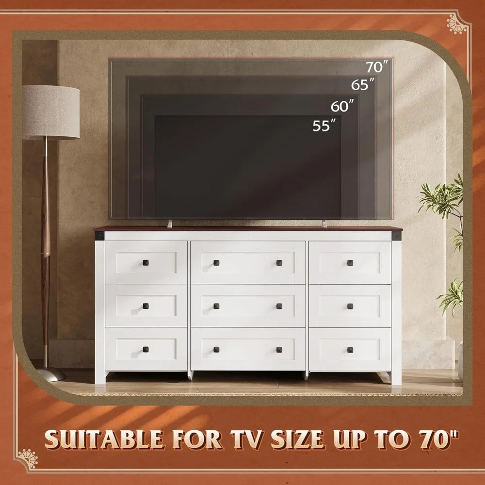 Farmhouse Dresser for Bedroom, 63" Wide 9 Drawer Dresser Storage Organizer, Wood Chest of Drawers for Bedroom, TV Stand