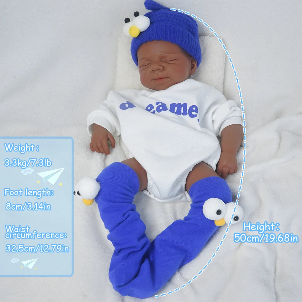 Full Platinum Silicone Body Baby Black Girl Reborn Doll Handmade 3D Painted Cute African Skin Newborn Baby Cuddly 19.29 Inch