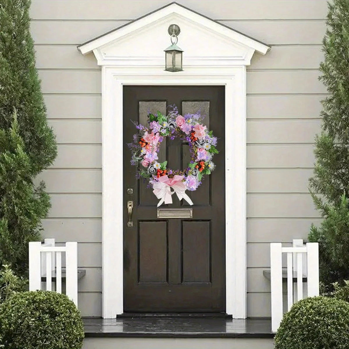 Spring Rose Daisy Wreath, 15.7in Spring Summer Bow Artificial Wreath for Front Door Easter Spring Wreath Home Wall