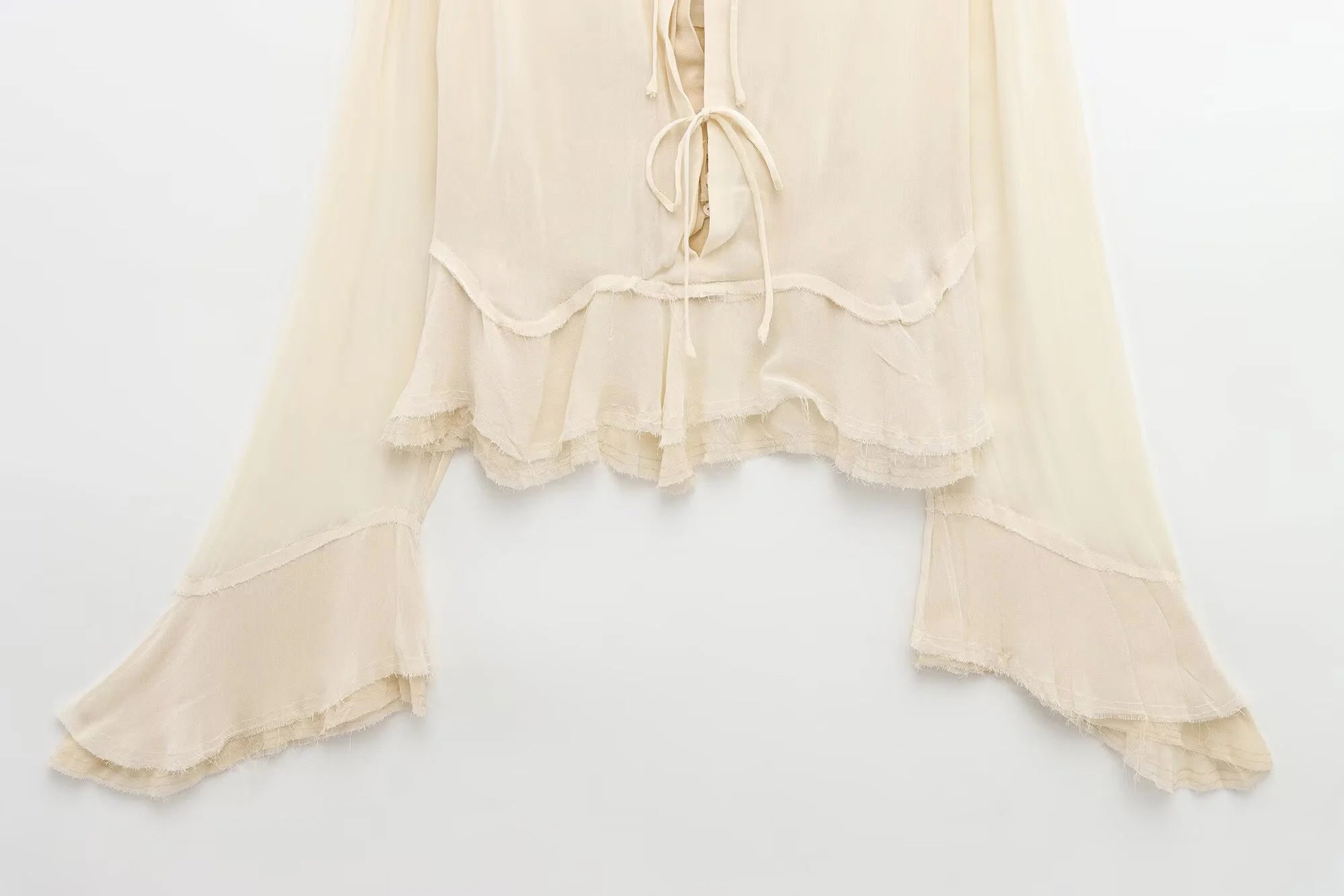 Spring New Product Spicy Girl High End Layered Decoration Romantic Style Translucent Trumpet Sleeve Shirt