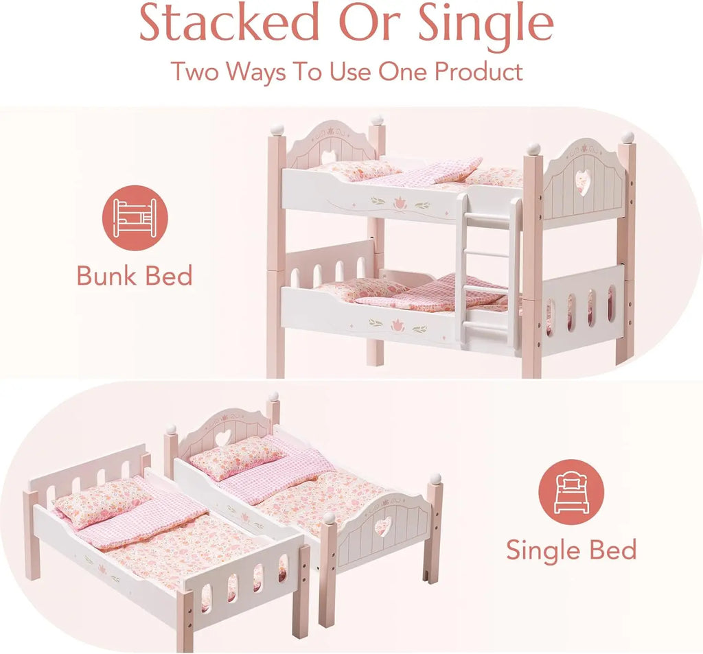 Robotime Robud Baby Doll Bunk Beds for 18 inch Dolls American Girl Doll Furniture Toy with Bedding Pink Wood 2pcs Beds