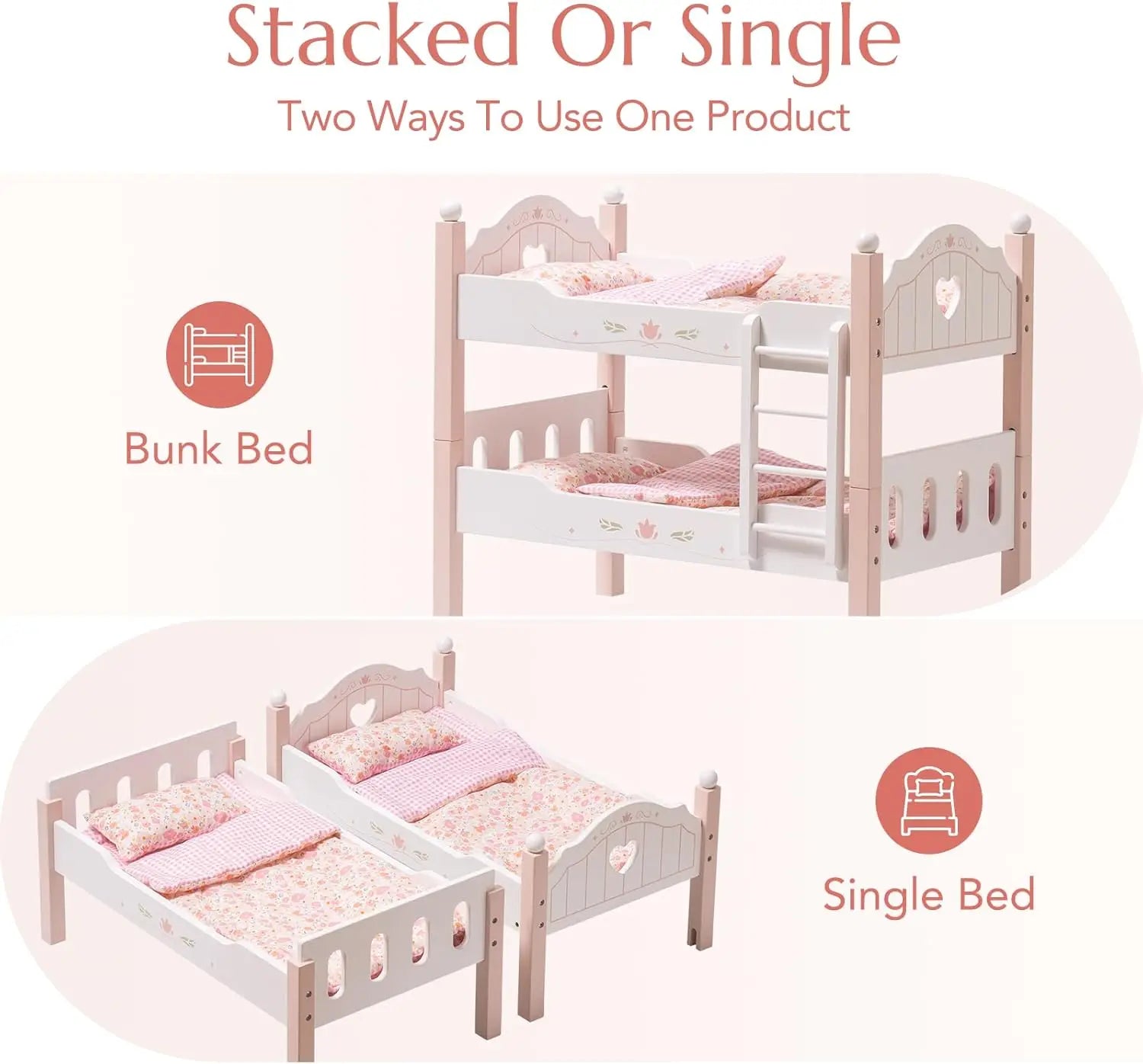 Robotime Robud Baby Doll Bunk Beds for 18 inch Dolls American Girl Doll Furniture Toy with Bedding Pink Wood 2pcs Beds