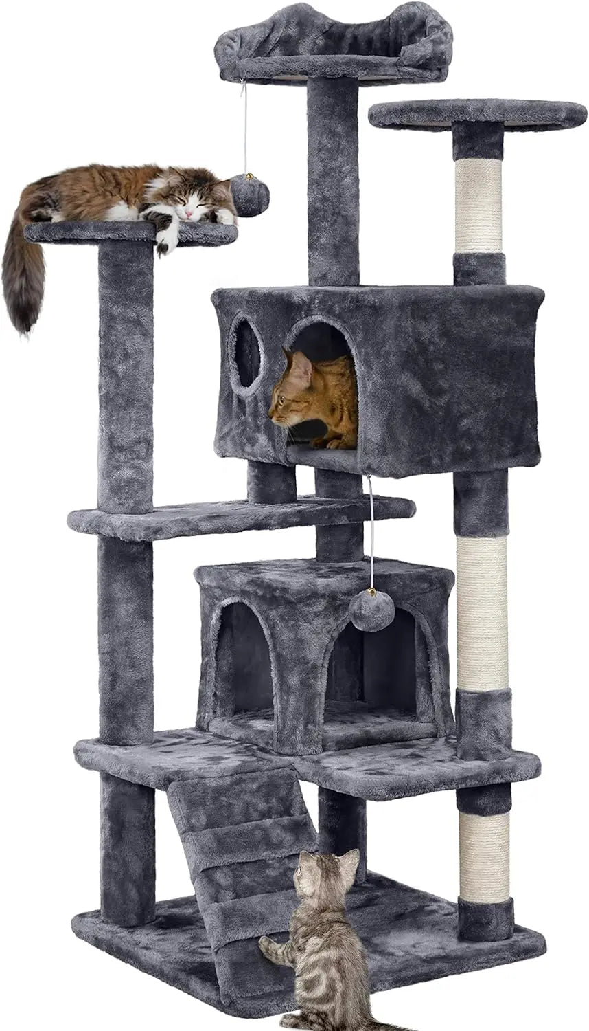 54in Cat Tree, Multi-Level Cat Tower With Spacious Kitten-ear Perch, 2 Cozy Caves, Scratching Posts, Climbing Ladder, 2 Plush Ba