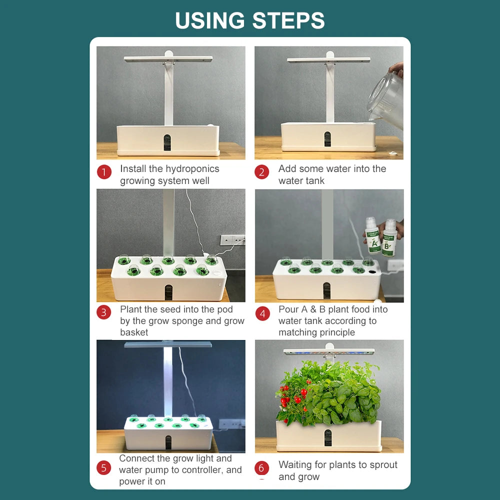 Smart Hydroponics Growing System Kit Automatic Timing with Height Adjustable 15W LED Grow Lights 2L Water Tank for Indoor Garden