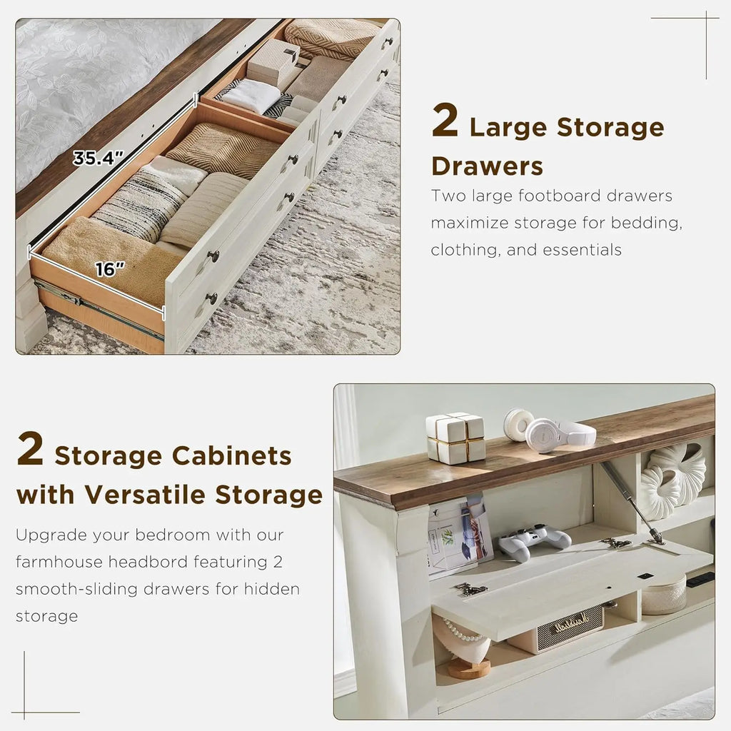 Farmhouse King Size Bed Frame with 54" Tall Storage Bookcase Headboard, Wood Platform Bed Frame(Antique White)