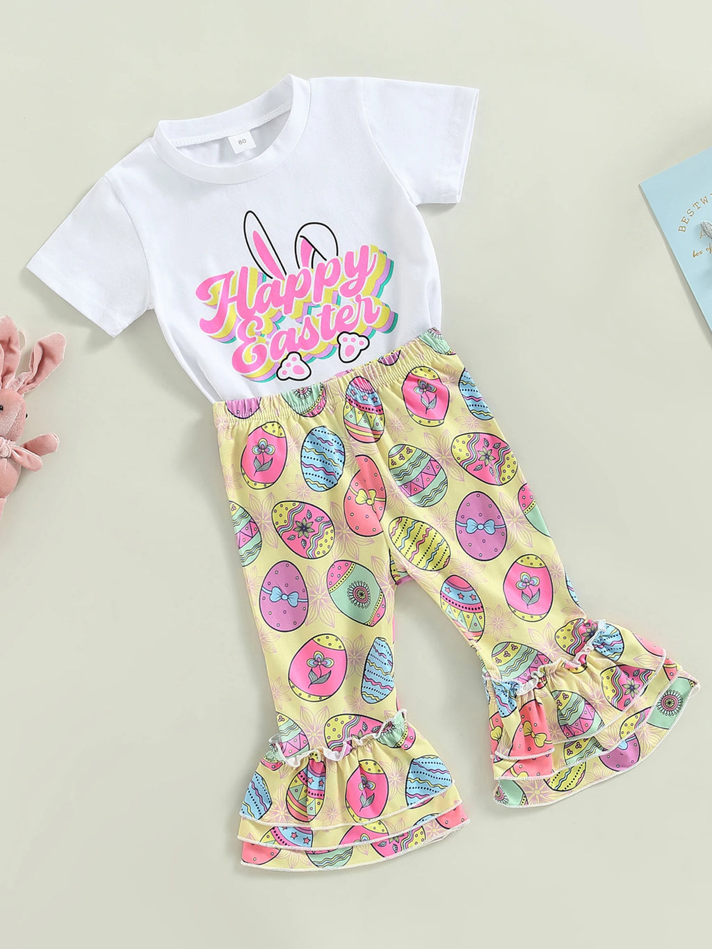 Easter Outfits Set Bunny Print Short Sleeve T-Shirts and Carrot Print Pants 2Pcs Sets for Toddler Kids Easter Party Wear