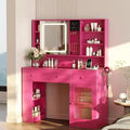 Vanity Desk with Sliding Mirror and Lights, Glass Top Makeup Vanity Table w/Glass Cabinets w/Hidden Jewelry Storage